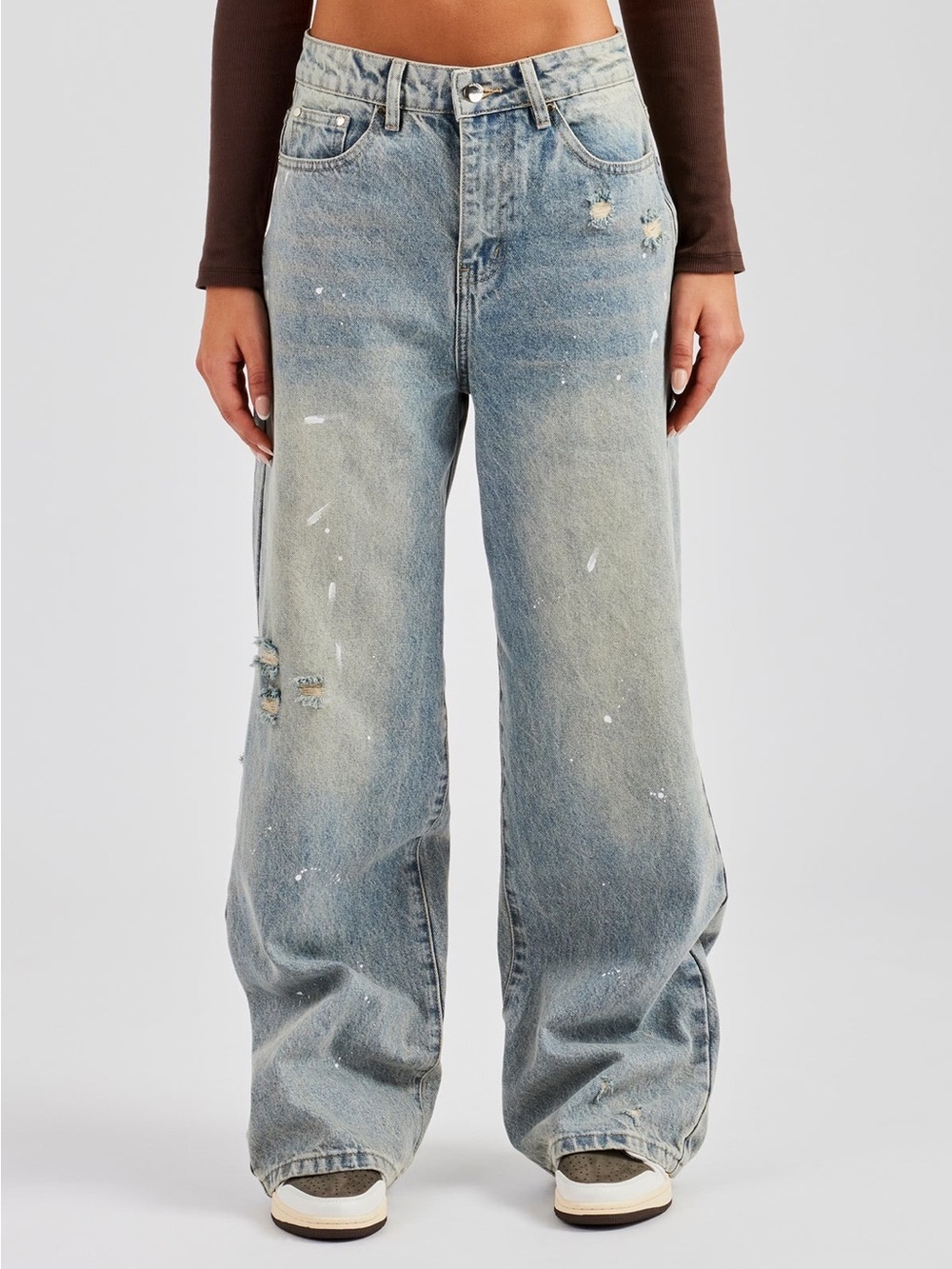 Distressed Paint Splatter Baggy Jeans — Antique Wash — Cernucci